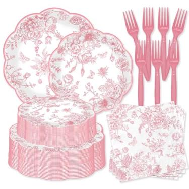 Imagem de 250 peças de pratos e guardanapos florais rosa, 50 convidados, conjunto de talheres descartáveis recortados rosa e branco, pratos de papel vintage, guardanapos para casamento, chá de panela, jardim