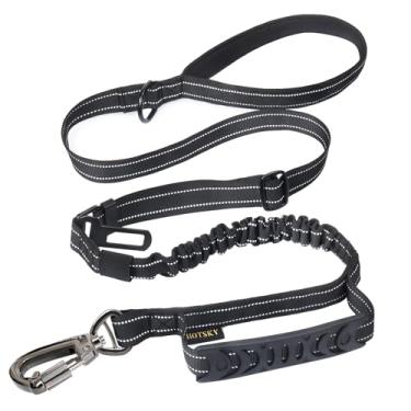 Imagem de Coleira para cães resistente, coleiras militares para cães com cinto de segurança de carro para cães grandes de até 68 kg, coleiras para cães fortes retráteis com absorção de choque de 1,8 m, correia refletiva de alça dupla para adestramento de cães, preta