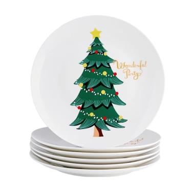 Imagem de Swuut Pratos de jantar de árvore de Natal - Conjunto de 6, porcelana óssea de 25,4 cm - Pratos de prato principal seguros para lava-louças e micro-ondas, presente divertido para mulheres, homens para