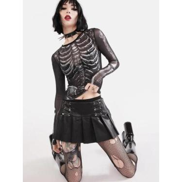 Imagem de Top Cropped Feminino Preto Com Estampa De Esqueleto Estilo Gótico Punk