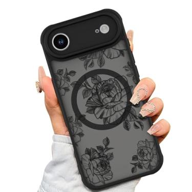 Imagem de AIGOMARA Capa feita para iPhone Air [compatível com MagSafe] Design com estampa floral de flor preta para mulheres e meninas, amortecedor de TPU macio, capa rígida de policarbonato rígido, antiqueda