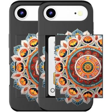 Imagem de MUQR Capa compatível com iPhone 17 Air com porta-cartão fofo - Capa tipo carteira robusta com design kawaii, proteção contra quedas de grau militar para mulheres (mandala preta intrincada)