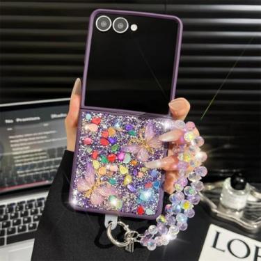 Imagem de Capa para Galaxy Z Flip6 com glitter de luxo, desenho animado, borboleta, cristal, pedra, pulseira brilhante (para Galaxy Z Flip6/roxa)