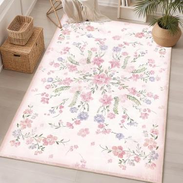 Imagem de Castage Tapete floral rosa 3x5 tapetes laváveis para quarto, sala de estar, cozinha, entrada, cabeceira, boho, vintage, casa de fazenda, boêmio, oriental, antiderrapante, decoração de flores pequenas