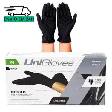 Imagem de Luva Descartável Nitrilica Black Preta Sem Pó Com 100un Unigloves, PP