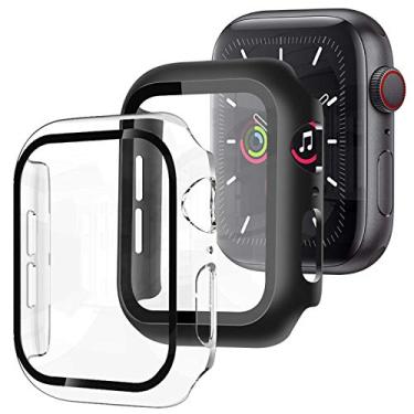 Imagem de [Pacote com 2] Capa YWXTW preta e transparente para Apple Watch Series 5/4 44 mm com película de vidro temperado, acessórios premium para iWatch 44 mm, capa protetora de policarbonato rígido de cobertura total, 44mm