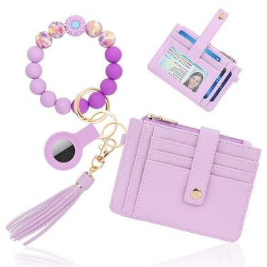 Imagem de Sunpour Chaveiro de pulso com carteira, porta-cartão RFID com AirTag, pulseira de contas de silicone impressa e bolsa de moedas, Roxa, 0.3*4.97*3.6, Tendência