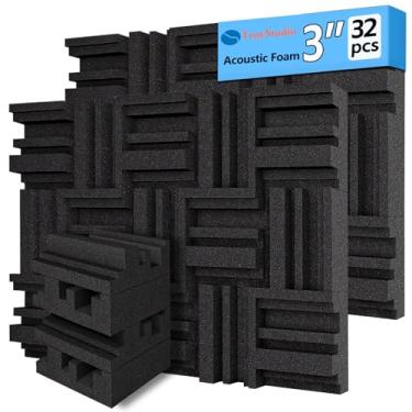 Imagem de TroyStudio Painéis de espuma acústica espessos de 30 x 30 x 7,6 cm em padrão de difusão, 32 peças de difusor de espuma absorvente de som de alta densidade, telhas de acolchoamento de parede 3D à prova