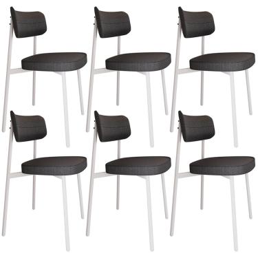 Imagem de Kit 06 Cadeiras Estofada Para Sala de Jantar Astrid Branco C01 Linho Preto - Lyam Decor