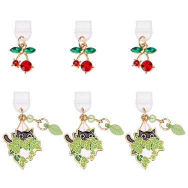 Imagem de CREATCABIN 1 caixa com 6 peças, 2 plugues de poeira para gatos, cerejas, berloques, liga dourada, esmaltado, plástico, gatos, folhas verdes, cerejas vermelhas, pingentes compatíveis com portas de