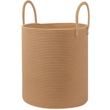 Imagem de HOBASKET Cesta grande de armazenamento de corda de algodão com alças, 38 x 38 x 45 cm, cesto de roupa cilíndrica tecido, bege natural, cesta de lavanderia para bebês, cesto de berçário, cesta de