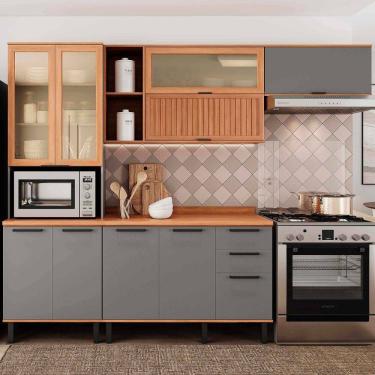 Imagem de Armário de Cozinha Castanha 2700mm com Vidro e Ripado Cinza/Freijó