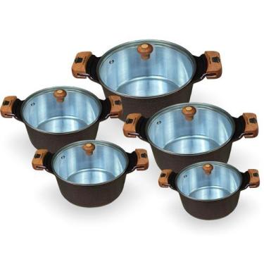 Imagem de Jogo De Panelas Fundidas Usinadas 5 Peças Varias Cores Tampa De Vidro 