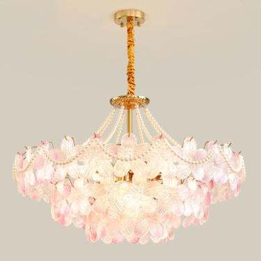 Imagem de Lustre para meninas para teto de quarto, lustre de vidro rosa, flor, azul, nórdico, moderno, pendente, luminárias, grande, tambor, lustre para sala de jantar, mesa, banheiro, cozinha, hall d