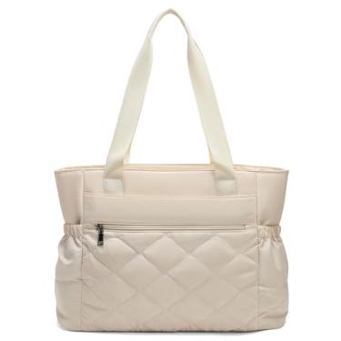 Imagem de Bolsa feminina, bolsa de mão com zíper, bolsa de ombro acolchoada leve com vários bolsos para viagens, trabalho, academia diária, Bege, Large