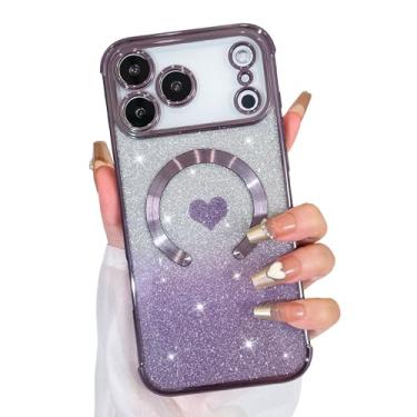 Imagem de Bonoma Glitter magnético para iPhone 17 Pro [compatível com MagSafe], capa luxuosa com estampa de coração de amor, proteção para câmera, capa traseira macia e brilhante para mulheres e meninas, roxa