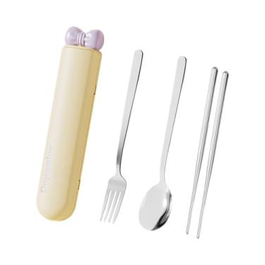 Imagem de IEUDNS Conjunto de talheres de colher e pauzinhos, kit de talheres de aço inoxidável 304, conjunto portátil para, uso diário, escritório, Amarelo 4 Peças