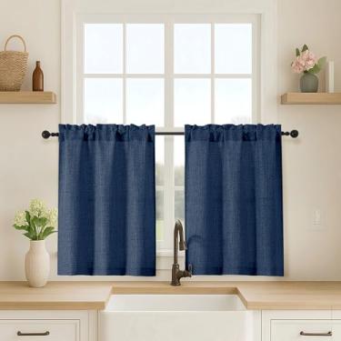 Imagem de OVZME Cortinas de cozinha azul marinho 76 cm de comprimento, cortinas de janela pequenas texturizadas de linho sintético com filtragem leve sobre a pia, cortina curta de meia janela para armário e