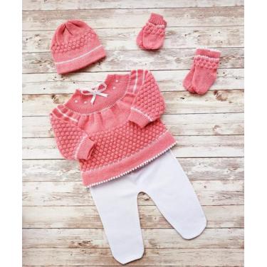 Imagem de Conjunto Tricô De Bebê Casaco Pérola LUXO Calça Gorro Luva E Meia - Lu