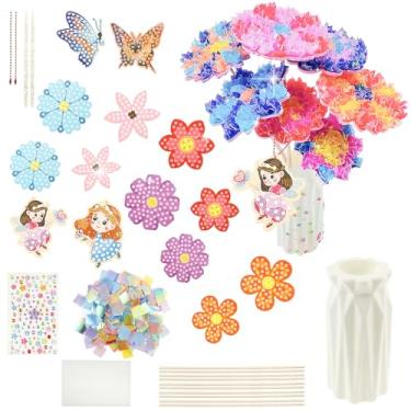 Imagem de HJJWNDDNG Poke Art Buquê de flores exclusivo Poke Kit de artesanato de flores coloridas brilhantes Conjunto DIY para meninas e meninos (há um vaso)