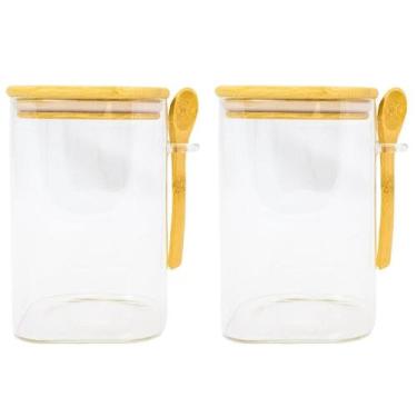 Imagem de Potes Herméticos De Vidro Com Tampa Bambu 1L Com Colher - 2 Unidades -