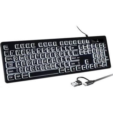 Imagem de Teclado retroiluminado de LED branco com impressão grande para Mac, teclados de computador de tamanho completo com teclado numérico compatível com Apple Mac Pro/Mini, MacBook Pro/Air, iMac (preto