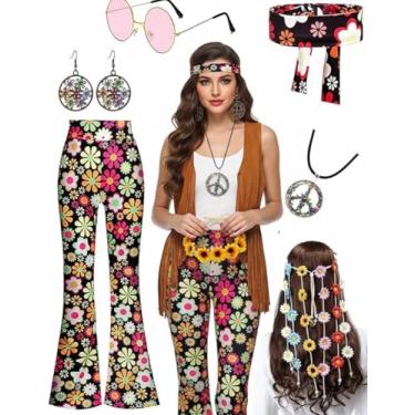 Imagem de Juliesart Fantasia de hippie feminina, roupas dos anos 60 e 70, calças, óculos, tiara de coroa de flores florais, colete de franja, brincos, colar de Halloween (multicolorido, GG)