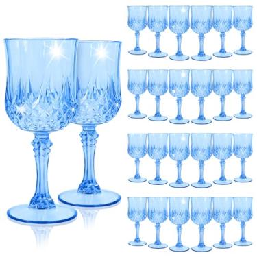 Imagem de EVSGSONL Pacote com 24 taças de vinho de plástico azul, taças de plástico vintage para festas, taças de água de cristal azul claro reutilizáveis para recepção de casamento, suprimentos de festa para