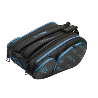 Imagem de oshhni Mochila de tênis para homens e mulheres de grande capacidade portátil com sacola de tênis de alça de ombro ajustável para acampamento esportivo, Preto Azul