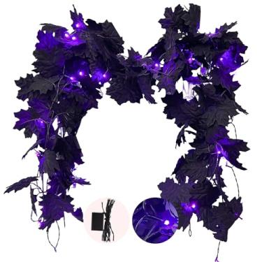Imagem de RECUTMS Pacote com 2 folhas de bordo com luzes de fadas de LED, 1,8 m, outono, guirlanda de folhas de bordo para pendurar preto com 30 luzes. A folha de bordo artificial para outono e guirlanda preta para guirlanda externa interna (roxo)..