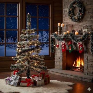 Imagem de Kit Decoração de Natal, Árvore Nevada 60cm x 35cm + Festão Verde Nevado 2m x 9cm, Base com 3 Pés