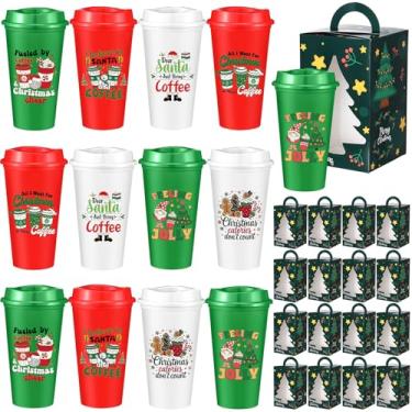 Imagem de Mimorou Conjunto de 12 xícaras de café reutilizáveis de Natal, copos de café de 473 ml com tampas e caixas de presente, copos de plástico descartáveis para bebidas quentes e frias, suprimentos de