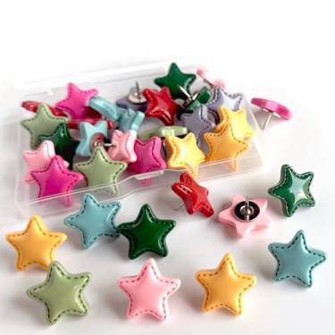 Imagem de Tachinhas decorativas para polegar, pinos e tachinhas para quadro de avisos, 24 peças de tachinhas em forma de estrela, acessórios de mesa ideais para escritório, casa e escola (estrela colorida)