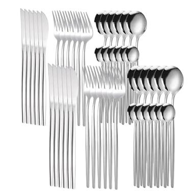 Imagem de Jogo de Talheres Dourado 24/48 Peças em Aço Inox - Design Slim e Moderno para Cozinha, Resistente à Corrosão e à Lava-Louças(Argent-48PCS)