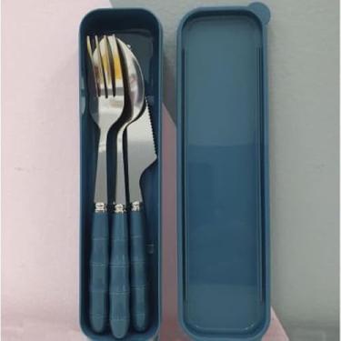 Imagem de Jogo Talher Colher 3pc Inox Estojo Garfo Faca Marmita Viagem HU89012(Azul)