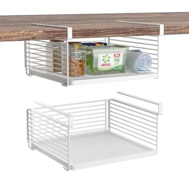 Imagem de SHINEWON Cesta de armazenamento embaixo da prateleira, cesta de arame suspensa com clipes de 3 cm de espessura para cozinha, despensa ou lavanderia, organizador de armazenamento sob o armário ou mesa