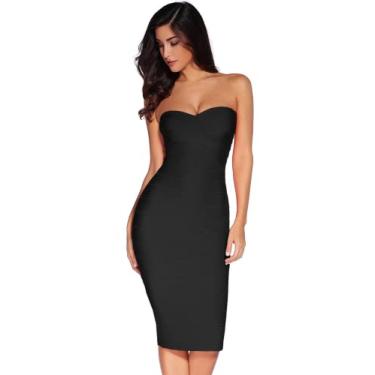 Imagem de Vestido feminino midi para coquetel, sem alças, colado ao corpo, vestido de festa de casamento, Preto, M