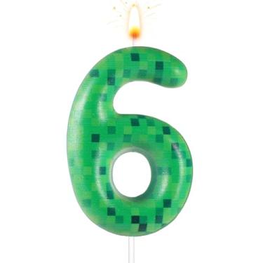 Imagem de Vela de bolo de aniversário Pixel Miner, vela de aniversário dinamite, número verde, vela de aniversário com tema TNT, para jogos de bolo de aniversário, suprimentos de decoração de festa (número 6)