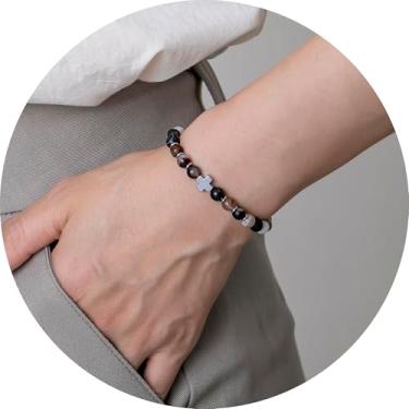 Imagem de Pulseira de contas para homens e mulheres, pulseira elástica com detalhes cruzados, contas empilháveis, joias unissex para uso diário, 19.5cm, Miçanga, Sem Pedra Preciosa