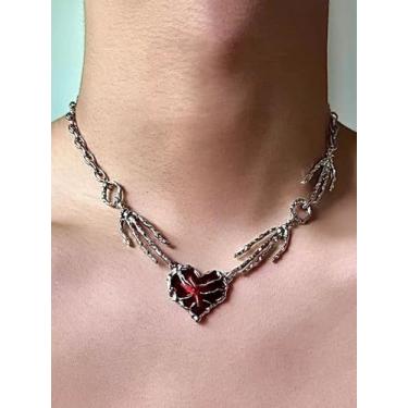 Imagem de Colares de Halloween para mulheres, colar gótico preto para homens, colar gótico, coração vermelho, caveira, esqueleto, corrente de Halloween, joias, festivais de música, hiphop, punk, acessórios de