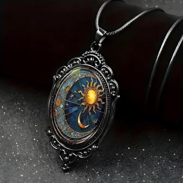 Imagem de Colar com pingente de classe gótica para mulheres, colar de sol e lua vintage, colares de camafeu vintage, colares solares lunares celestiais de Halloween, corrente de corda gótica, bruxa mística