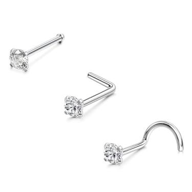 Imagem de Piercing de nariz hipoalergênico 20G, aço cirúrgico 316L, saca-rolhas retas em forma de L com zircônia cúbica de 1,5 a 3 mm para pele sensível, 2.5mm, Aço inoxidável, metal, Sem Pedra Preciosa
