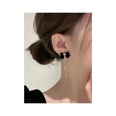 Imagem de Brincos femininos elegantes e elegantes, de veludo, com laço, borla, pérolas, para uso diário, festa, casamento, noivado, dia dos namorados, dia das mães, presente