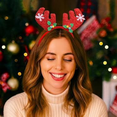Imagem de Faixa de cabelo de Natal para adultos – Linda faixa de cabelo com desenho animado, decoração festiva de Natal e festa moderna, chifres de rena