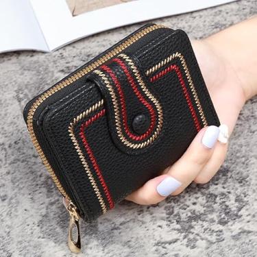 Imagem de Carteira feminina de poliuretano pequena com zíper com 14 compartimentos para cartão, janela transparente para identidade e 3 bolsos, bolsa dobrável leve para compras, viagens, Preto, Moderno