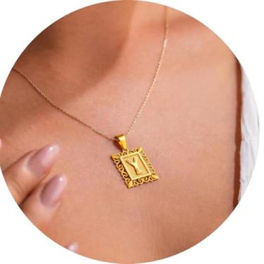 Imagem de Colar com letra inicial para mulheres, aço inoxidável banhado a ouro 18K, pingente retangular A–Z, corrente de 50,8 cm, 20in, Aço inoxidável, Sem Pedra Preciosa