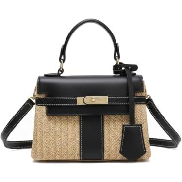 Imagem de Maycred Bolsa feminina de tecido de palha, bolsa de mão, bolsa transversal de praia, moda verão bolsa de praia, Preto, 20CM * 14CM * 8.5CM (length * width * height), Tendência