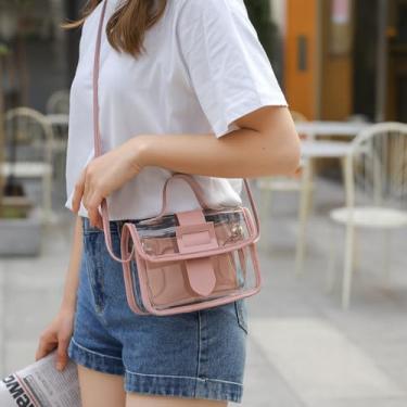 Imagem de Bolsa tiracolo retrô transparente para mulheres – Bolsa de ombro transparente de cor sólida com design chique, rosa, Medium, Mochila casual