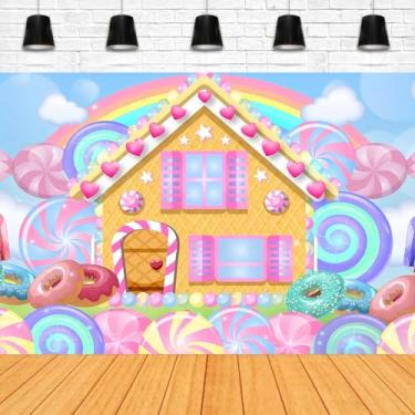 Imagem de Decoração de festa de aniversário com tema Candyland da Candy House, faixa para decoração de festa de aniversário para crianças recém-nascidas, estúdio fotográfico, adereços (2,1 x 1,5 m)
