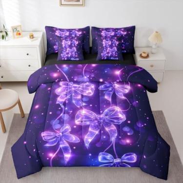 Imagem de Erosebridal Conjunto de edredom solteiro com laço roxo para meninas, 7 peças, cama feminina com laço de princesa em uma bolsa para quarto, conjunto de cama de gravata borboleta com edredom, lençóis
